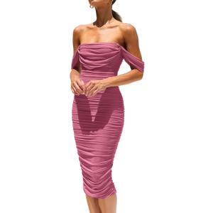 PRETTYGARDEN Summer Wedding Guest Dresses for Women 2026 Off the Shoulder Ruched Bodycon Spring Midi Cocktail Party Dress, Large