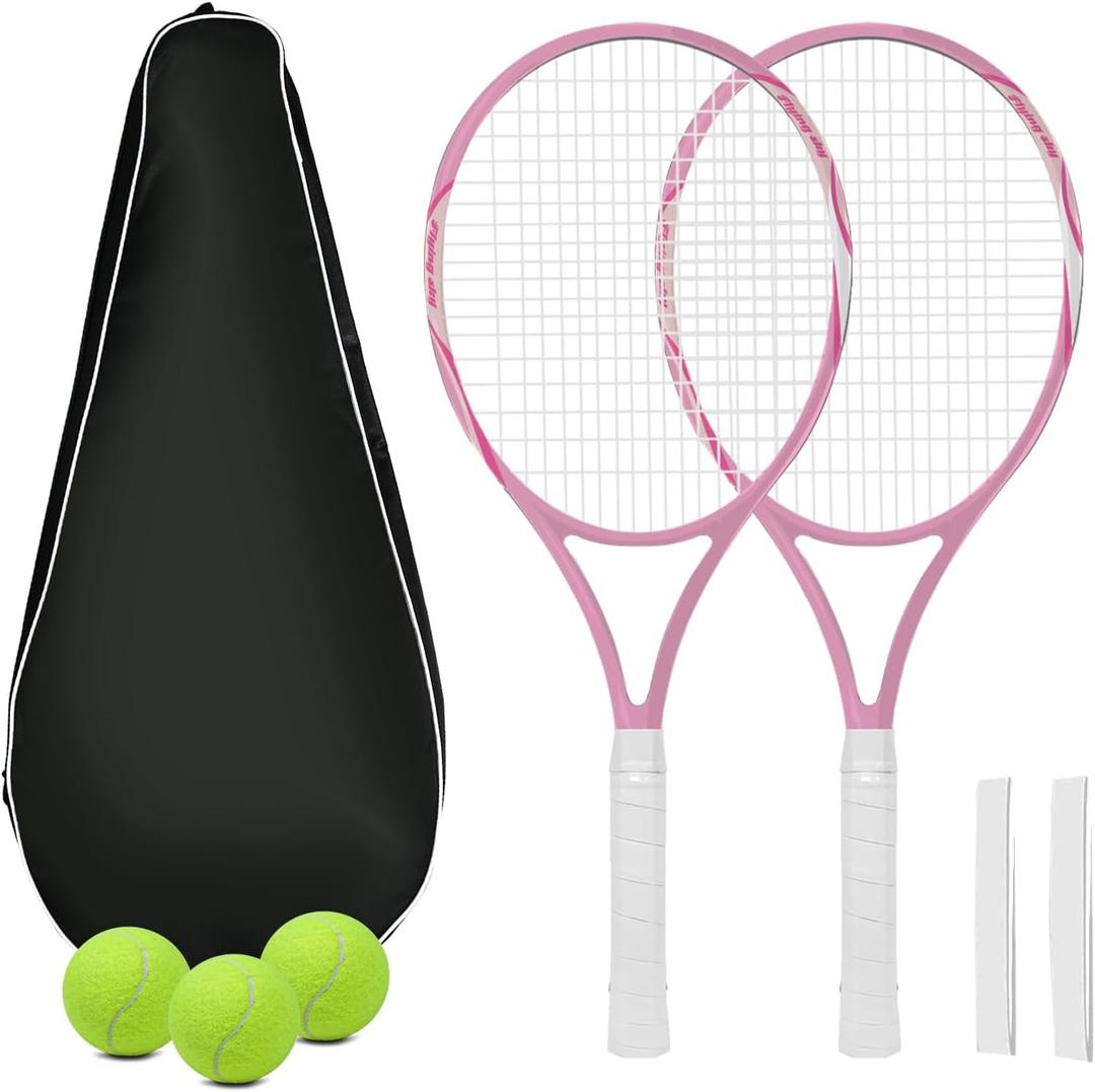 Tennis Racket Set for Adults, 27 Inch Pre-Strung Rackets (2 Pack) with Tennis Balls, Carry Bag, Grip Tape,Perfect for Beginners,Student Training, 27 inches x 105 sq."