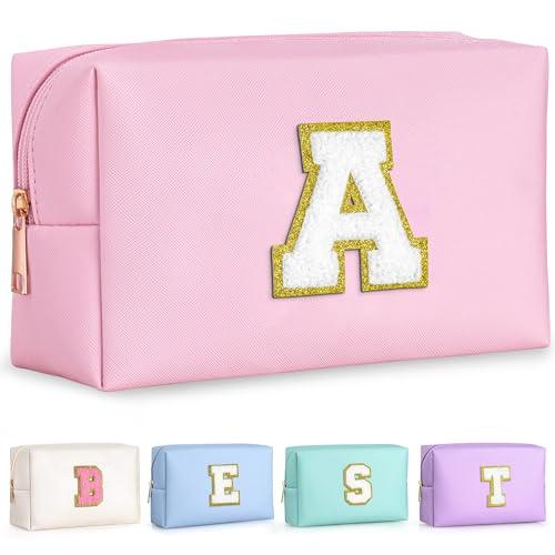 TOPEAST Initial Makeup Bag, Birthday Gifts for 4 5 6 7 8 9 10 11 12 Year Old Teen Girls, Personalized Preppy Cosmetic Bags Toiletry Bag (Pink A)