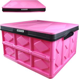 Collapsible Storage Bins with Lids - Foldable Plastic Storage Boxes - 55L Capacity - For Home, Office, Kitchen, Books, Snacks, Shoes, Groceries (Pink & Black)