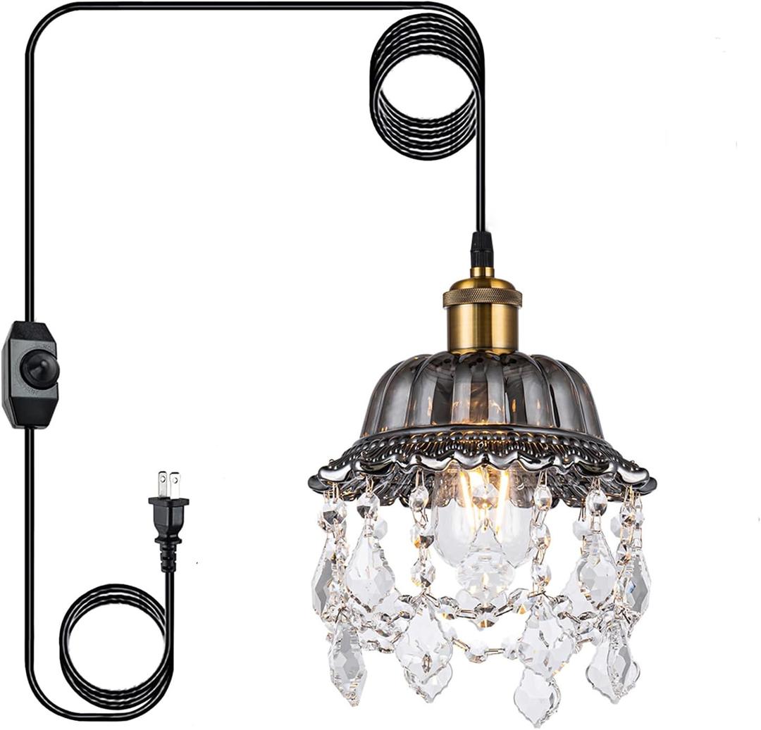Hanging Light Grey Glass Swag Light with 14.7 Ft Plug-in Cord and On/Off Dimmer Switch, Modern Crystal Chandelier Plug in Pendant Light for Bedroom Kitchen Sink, 9.84 inches, 1-Pack