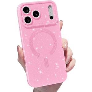 MINSCOSE for iPhone 17 Pro Max Case Magnetic Compatible with Magsafe,Cute Neon Glitter Super Vibrant Shiny Bling Sparkly Glossy Girly Case with Thin Slim Camera Protection for Women Girl-Pink