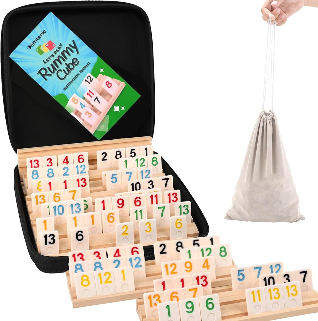 Upgraded Rummy Cube Game 6-8 Players with Portable Travel Case, 240 Melamine Rummy Tiles & 8 Wooden Holders, Classic Family Strategy Board Game for Adults Kids