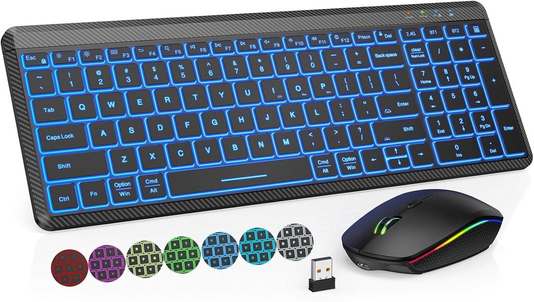 Wireless Keyboard and Mouse Bluetooth, Multi-Device Mini Keyboard, Switch up to 3 Devices, Slim Portable Travel Backlit Cordless Set, RGB Silent Mouse, for Mac, iOS, Android, Ipad (Black)