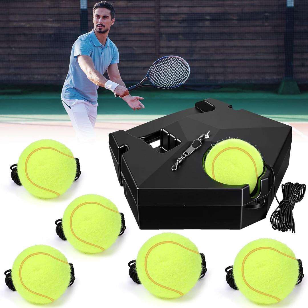 Portable Tennis Trainer Practice Rebound with Metal Base Tennis Trainer Practice Equipment with 6 Highly Elastic String Balls for Adult Kids and Beginners