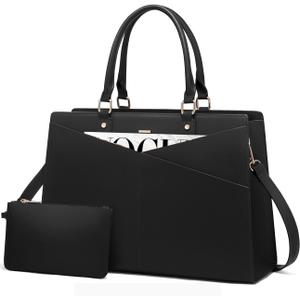 LOVEVOOK Laptop Tote Bag for Women, Leather Business Office Work Bag Computer Briefcase with Small Clutch fit for 15.6 Inch Laptop Black