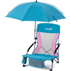 Lamberia Folding Beach Chair with Umbrella for Adults, Portable Low Beach Chairs with 300lbs Capacity, Lightweight Fodable Camping Chair for Travel, Picnic, Concert & Outdoor Activities, Blue-Pink