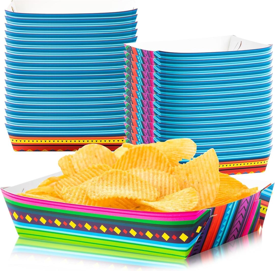 Mexican Taco Nights Food Trays 100Pcs Mexican Nacho Popcorn Unassembled Trays Snack Candy Holder Disposable Paper Plates Holiaday Carnival Party Supplies Concession Stand Food Containers