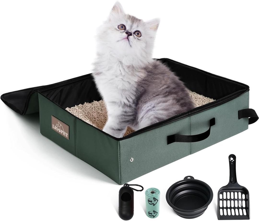 Portable Litter Box for Cats Kitten Foldable Travel Litter Box with Lid, Leak-Proof No Smell Easy to Carry, Clean and Store Easy for Car Travel, Hotle Stays and Road Trip 18x14x5.5 Inches (Large, olive gray)