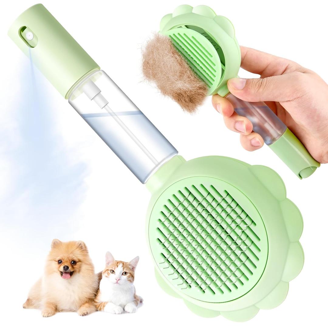 Cat Hair Brush for Shedding, 3-in-1 Pet Spray Hair Removal Comb with Visual Spray & Release Button, Waterproof Dog Grooming Brush for Furry Pet (Green)