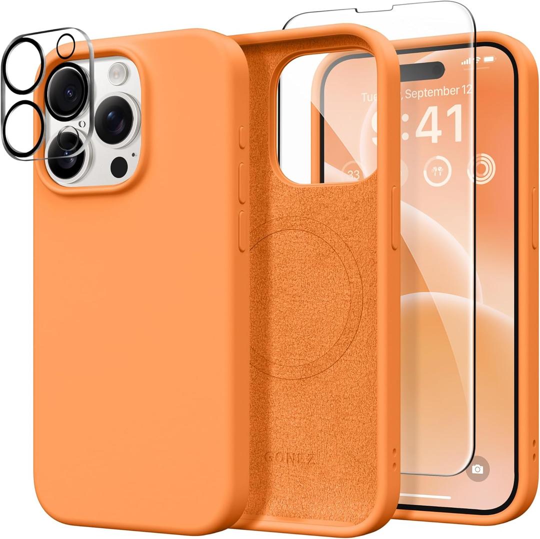 GONEZ Magnetic for iPhone 15 Pro Case, [Compatible with MagSafe] Anti-Scratch Microfiber Lining & Screen Protector, Shockproof Slim Phone Silicone Cover 6.1 inch, Orange