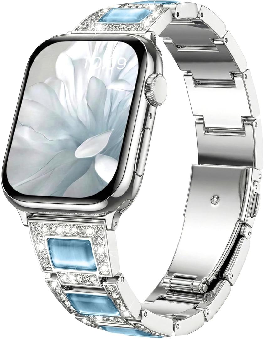 Dressy Silver iWatch Bands for Women - Compatible with Apple Watch Series 10-1/SE/Ultra, Fits 38mm 40mm 41mm 42mm 44mm 46mm - Luxury Designer Bracelet, Bling Jewelry Strap