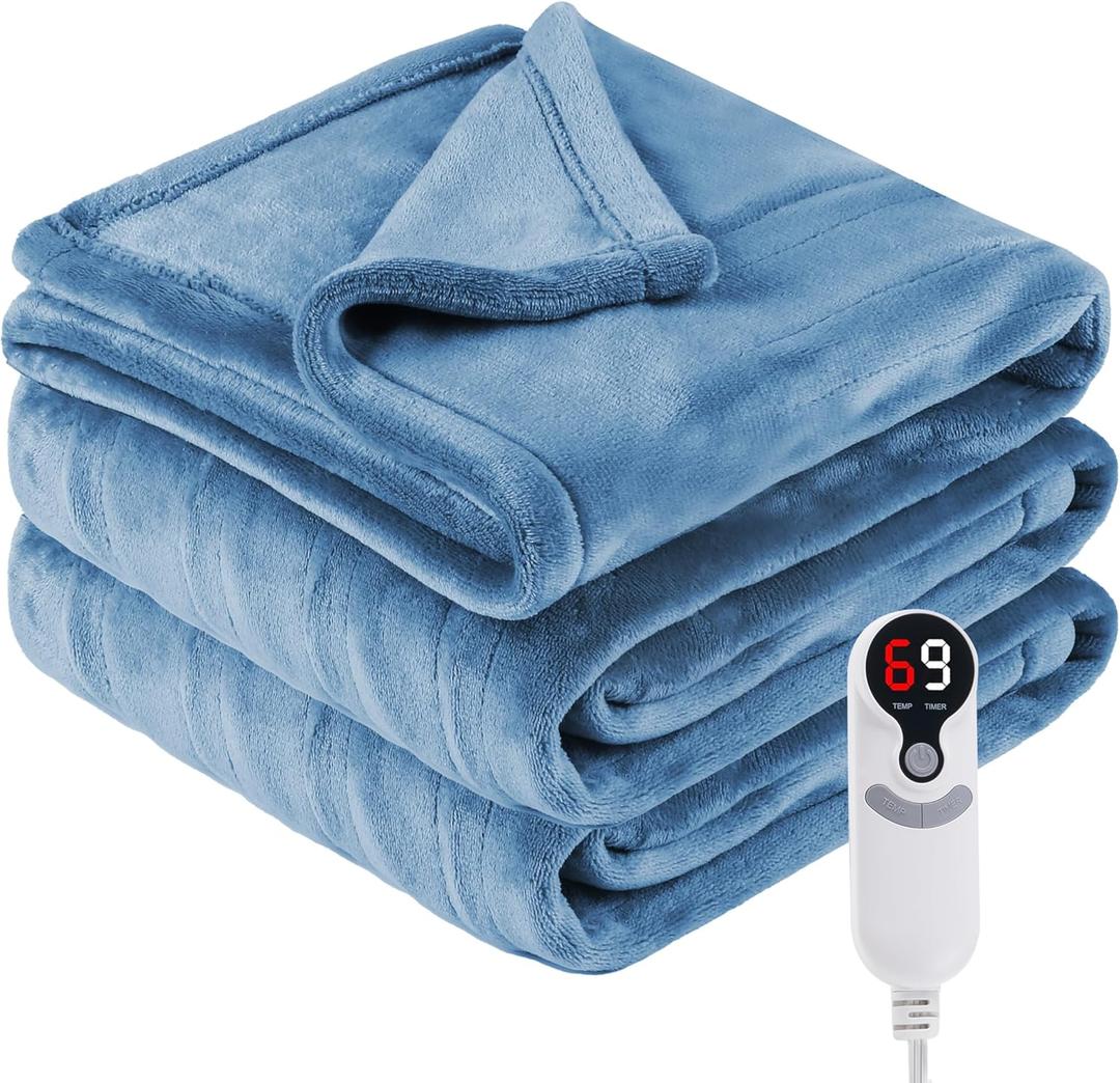 Electric Heated Blanket Full Size 72"x84",Fast Heating, Soft Microplush for Bed & Couch, 1-10Hs Auto Off & 6 Heating Levels, Machine Washable, Gifts for Grandma & Family-Light Blue Grey