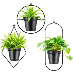 Geometric Wall Planters for Indoor Plants Set of 3 Black Metal Wall Mounted Plant Holder (Diamond & Oval & Round Shapes) with 5 Inch Flower Pots, Modern Hanging Planters for Indoor Decor