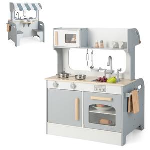 2 in 1 Kids Play Kitchen& Restaurant Double Sided Wooden Kitchen Playset Toddler Gray