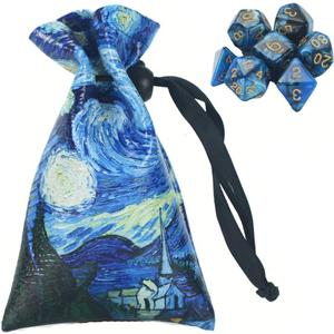 QIELIZI DND Dice Bag Pouch, PU Leather Dragon Dice Pouch Wih 7 Die Set Perfect for Dungeons and Dragons RPG D&D Dices, Coins and Accessories(Starry Sky)