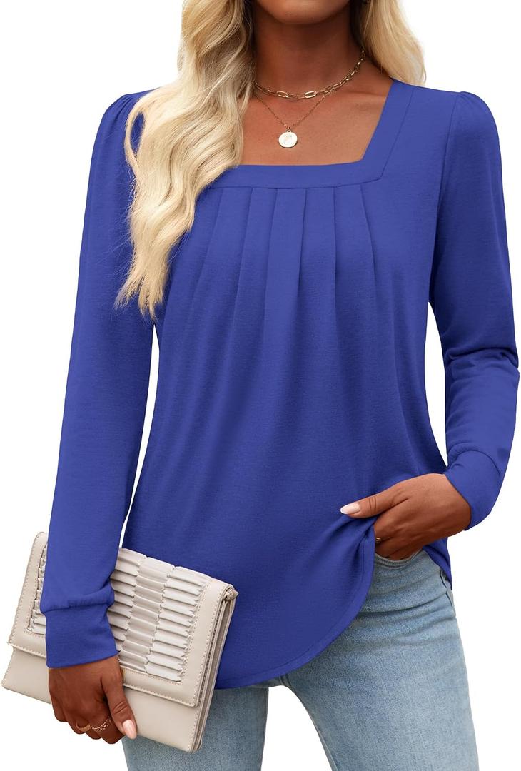Funlingo Women's Puff Long Sleeve Tops Dressy Casual Square Neck Pleated Work Blouse Fall Trendy Tunic Flowy Chiffon Shirts (M)