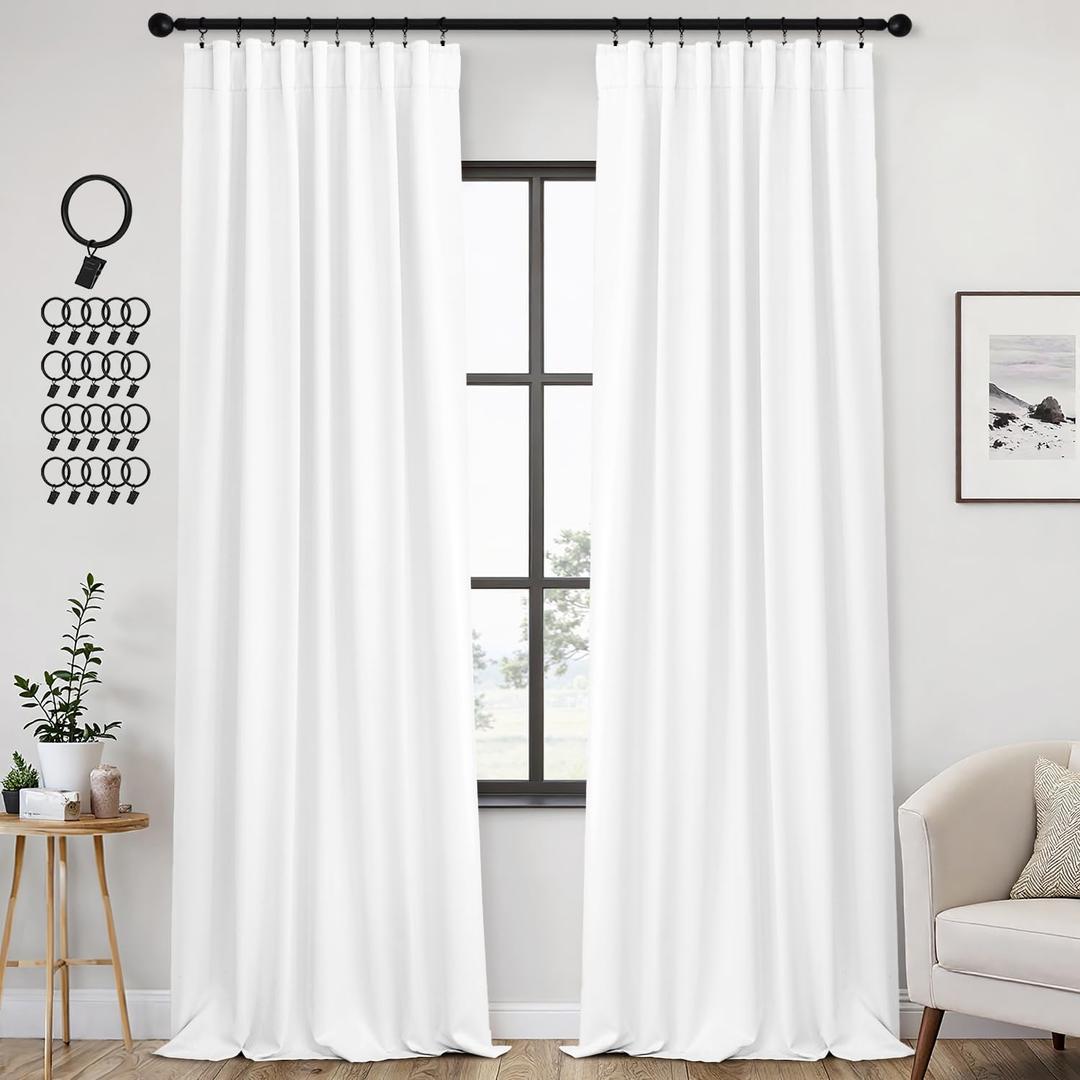 ANRODUO Rod Pocket and Back Tab Pleated Blackout Curtains with Hooks, Rings, White Curtains 96 Inches Long 2 Panels, Thermal Insulated Room Darkening Living Room Bedroom Curtain, 42x96 Inches
