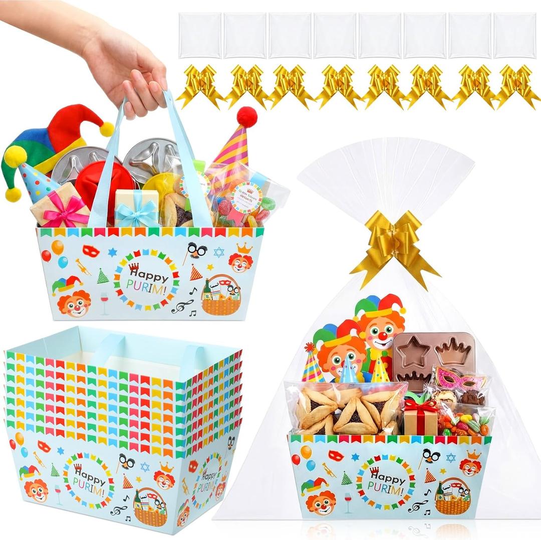 Moinchore 12 Set Happy Purim Basket for Gifts Empty 9.8x6.5'' Clown Market Tray Cardboard with Bows, Cellophane Bags, Twist Tiles, Empty to Fill for Purim Birthday Bridal Wedding Party Supply (Golden)