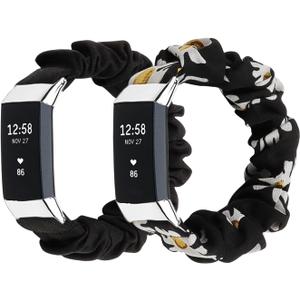 Compatible with Fitbit Charge 2 Scrunchie Bands Elastic Watch Strap for Women Large Small Stretchy Cute Fabric Adjustable Wristband Scrunchy Bracelet (Black/Chrysanthemum)