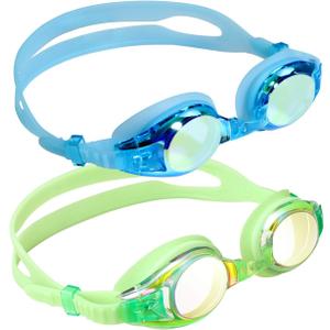 Aegend 2 Pack Kids Goggles, Swimming Goggles for Kids Age 4-16 Boys and Girls Youth, Anti-Fog Waterproof Anti-UV Pool Goggles (Blue Light & Green)