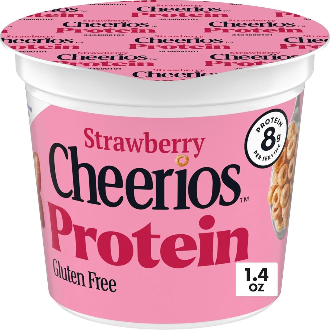 3 x Cheerios Protein Strawberry Breakfast Cereal Cup | Single-Serve 1.4 oz Cup, Whole Grain Oats First Ingredient, 12g Whole Grain, Gluten Free (EXP 09/06/26)