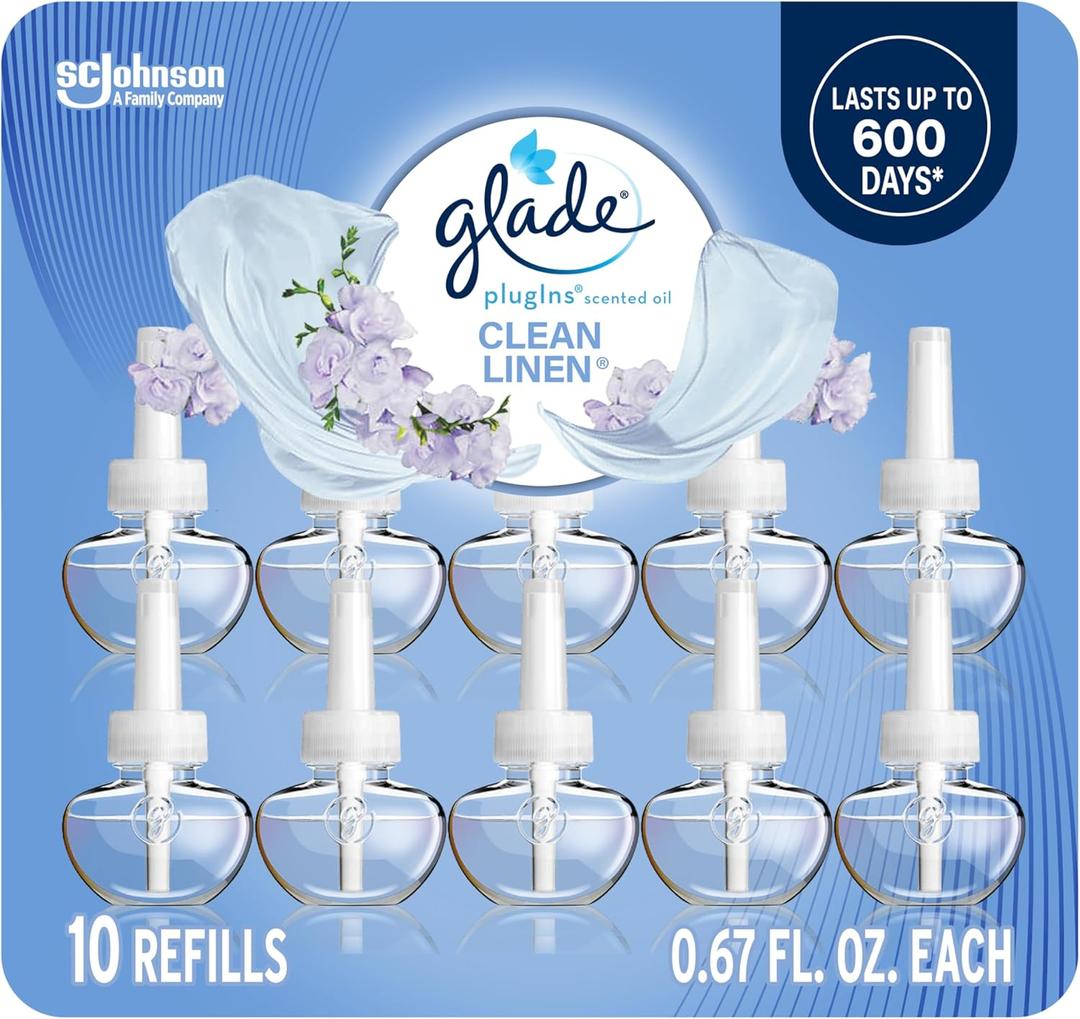 Glade PlugIns Refills Air Freshener, Scented and Essential Oils for Home and Bathroom, Clean Linen, 6.7 Fl Oz, 10 Count