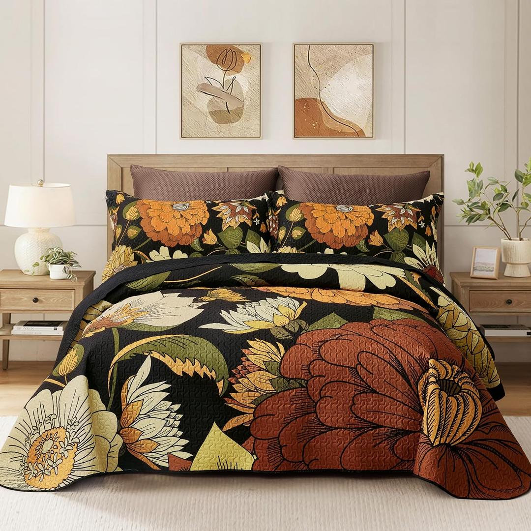 Tyrot 3 Piece Black Boho Floral King Size Quilt Sets Reversible Farmhouse Botanical Lightweight Bedspread Coverlet with 2 Shams Mid Century Microfiber Bedding Quilts Set for All Season,106''x96''