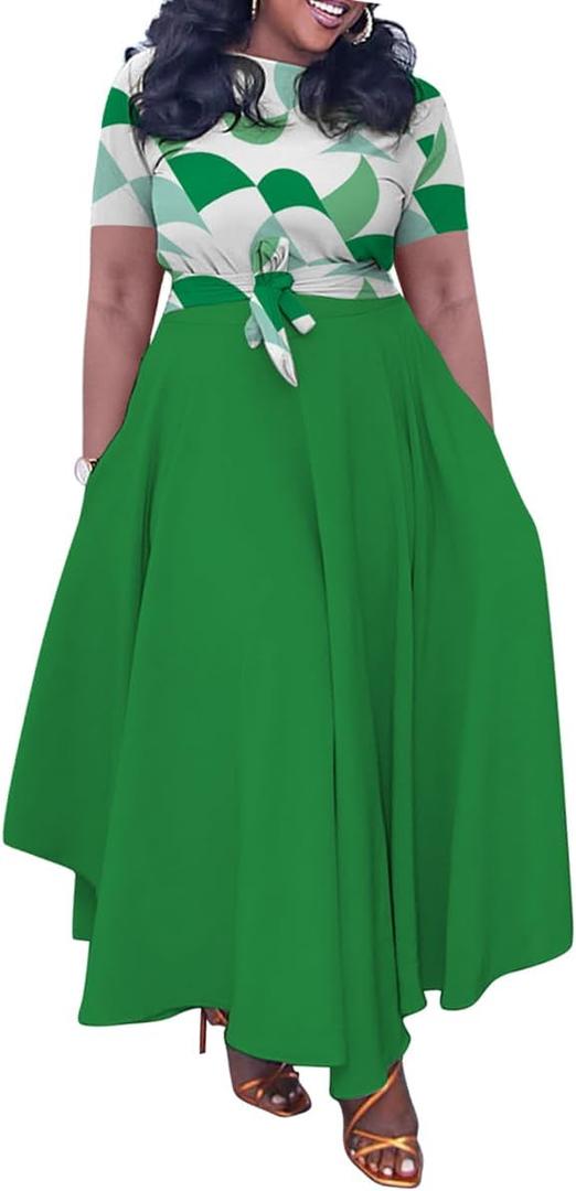 BFFBABY Plus Size Dress A Line Dresses for Women Summer Long Dresses with Sleeve Casual Belted, 5XL (Green)