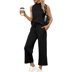 SAMPEEL Two Piece Sets for Women Summer Outfits Lounge Sets Mock Neck Tops Wide Leg Crop Pants Vacation Travel Outfits (Large, Black)