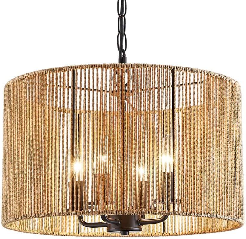 Rattan Wicker Drum Chandelier Light Fixtures,4 Light Boho Pendant Light Farmhouse Rustic Hand Woven Lighting for Dining Room Kitchen Island Living Room Bedroom