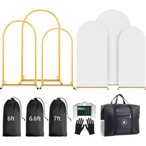 Arch Backdrop Stand and Cover Set (7.2ft,6.6ft,6ft) Metal Arch Frame Stand Gold, Wedding Birthday Party Baby Shower Graduation (White, 7.2Ft+6.6Ft+6Ft)