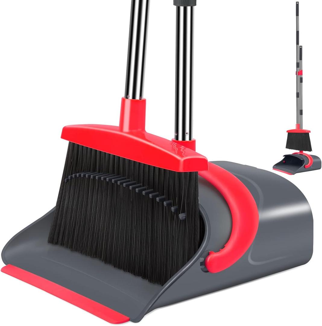 Ivandar Broom and Dustpan Set,Broom with Dustpan Combo Set Dust pan with Long Handle, for Home Kitchen Room Office Lobby Floor Use Upright Stand Up(Gray&Red)