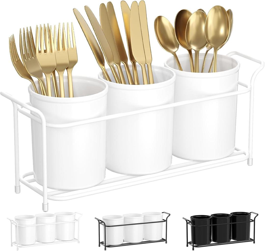 Lifewit Plastic Silverware Caddy with Metal Rack, Utensil Holder for Party, Cutlery Flatware Organizer for Kitchen Countertop, Forks Spoons Knives Storage for Picnic Camping Outdoor Buffet, White