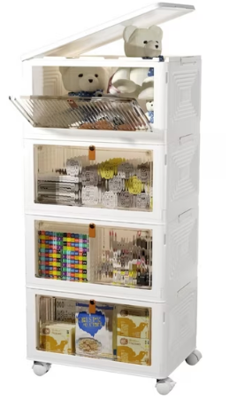 4 Tier Stackable Storage Bins with Lids, Plastic Storage Containers with Magnetic Doors & Wheels, Collapsible Storage Bins Closet Organizers, Foldable Organization for Home, Party, Office, Dorm
