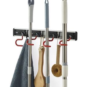 Wall Mounted Mop and Broom Holder Stainless Steel S Type Broom Rack Anti-Slip Mop Organizer (17 Inches,4 Positions 3 Hooks, Red black) (17inch)