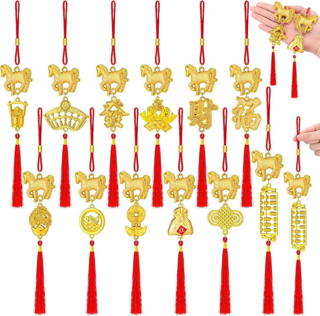 Marsui 24 Pcs Year of The Horse 2026 Pendant Decoration Chinese New Year Decoration Lucky Charm Decorative Hanging Tassel Ornaments for Fortune Wealth Success Home Kitchen Bonsai Tree Car Decor(Horse)