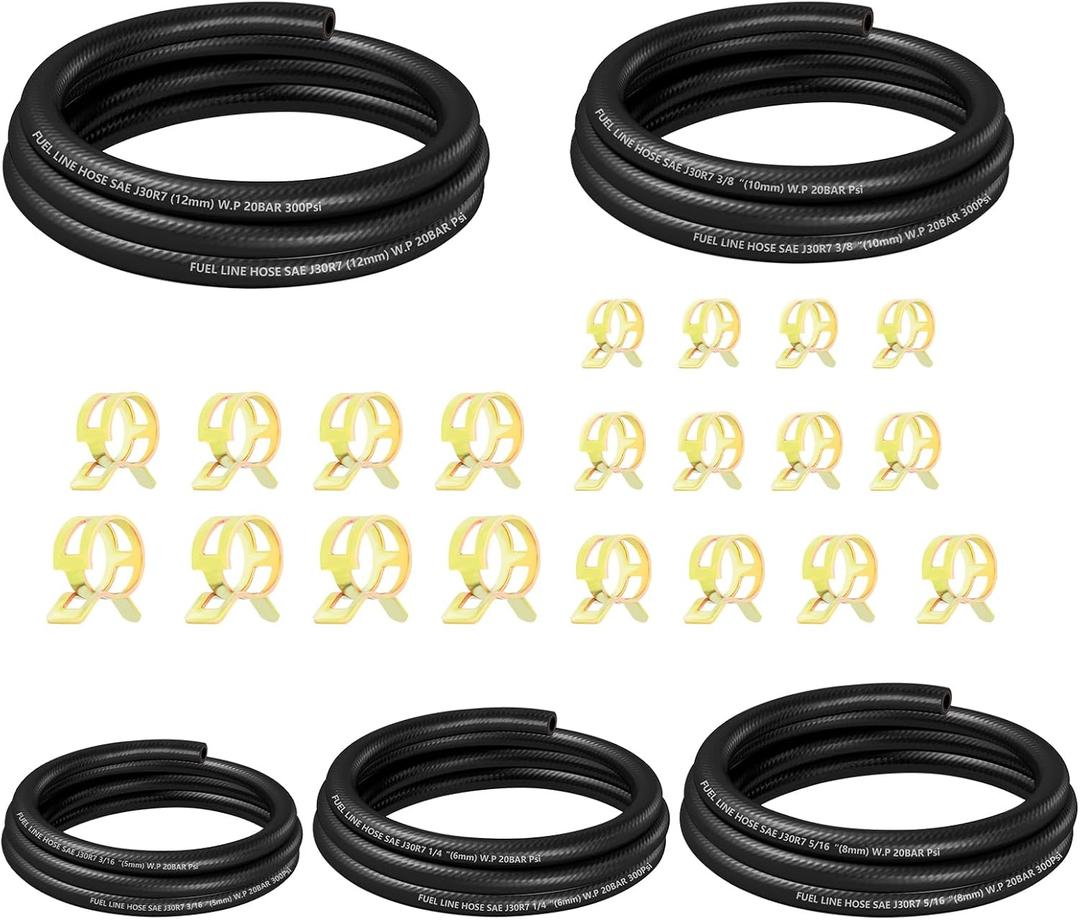 5PCS Fuel Line Repair Kit,Include 3/16" 5/16" 1/4" 1/2" 3/8" Fuel Hose with 20 Clamps,Universal NBR Versatile Gas Lines Car Accessories for Oil Water Air Transfer