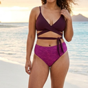 Beachlife Purple Bikini Set, Deep Burgundy Triangle Top and High-Leg Bottoms, Large