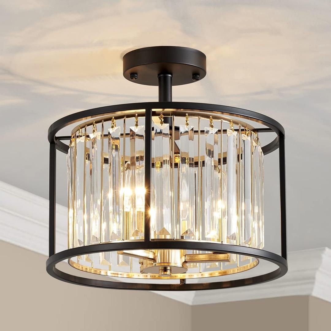 AGV LIGHTING CL005BB K9 Crystal Semi Flush Mount Ceiling Light Fixture, Modern Design, E12 Base 3-Lights, D13 x H15, Shinny Gold & Matte Black Finish Metal Frame