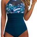 SUUKSESS Women Sexy Mesh One Piece Swim Dress Slimming Tummy Control Swimsuit Push Up High Waisted Bathing Suit (Blue Floral, L)