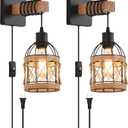 CAFULAM Rustic Wall Sconces Fixtures with Plug in Cord, Set of Two Indoor Vintage Rattan Wall Light Industrial Lamp Fixture Farmhouse Metal Sconces Light for Bedroom Bedside Living Room