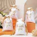 Roowest 100 Pcs Thank You Satin Gift Bags Drawstring Jewelry Candy Pouches for Wedding Bridal Shower Baby Shower Favor Drawstring Bag for Birthday Holiday Party(5 x 7 Inch,White)