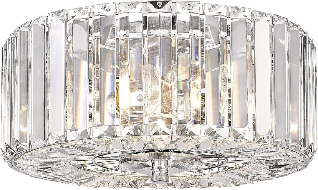 11" Crystal Round Flush Mount Modern Close to Ceiling Light Fixture, Chrome Ceiling Lights 2-Light Hallway Light Fixtures, Crystal Ceiling Lamp for Kitchen Bathroom Entryway, XDD007-2-CH