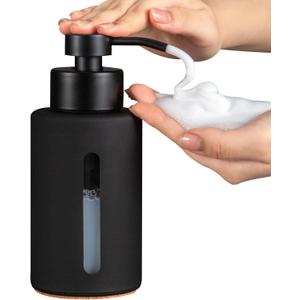 Enra Foaming Soap Dispenser with Window,12oz Bathroom Hand Soap Dispenser with Stainless Steel Foam Pump, Modern Thick Glass Refillable Bottle for Bathroom Kitchen (Black Foam Dispenser)