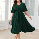 SCOMCHIC Women Plus Size Midi Dresses Wedding Guest Short Sleeve V Neck Tie Waist Casual Summer Flowy A Line Dress (Green, XXL)