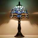 Small Tiffany Lamp Stained Glass Desk Lamp Vintage Tiffany Bedside Table Lamp for Home Living Room Bedroom Nightstand 8X15 Inch (Blue Dragonfly Style)