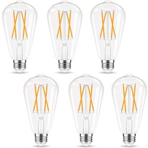 Edison Bulbs, E26 LED Bulb 60 watt Equivalent, Non-Dimmable, 2700K Warm White, ST58 Vintage Light Bulbs, 90+ CRI, E26 Medium Base, Clear Glass, 6 Pack