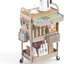 ALVOROG Rolling Cart with Drawer and Wood Table Top, 3 Tier Metal Rolling Utility Cart on Wheels with DIY Pegboards, Hanging Baskets, Hooks for Kitchen, Bedroom, Office, Craft Supplies (Khaki)