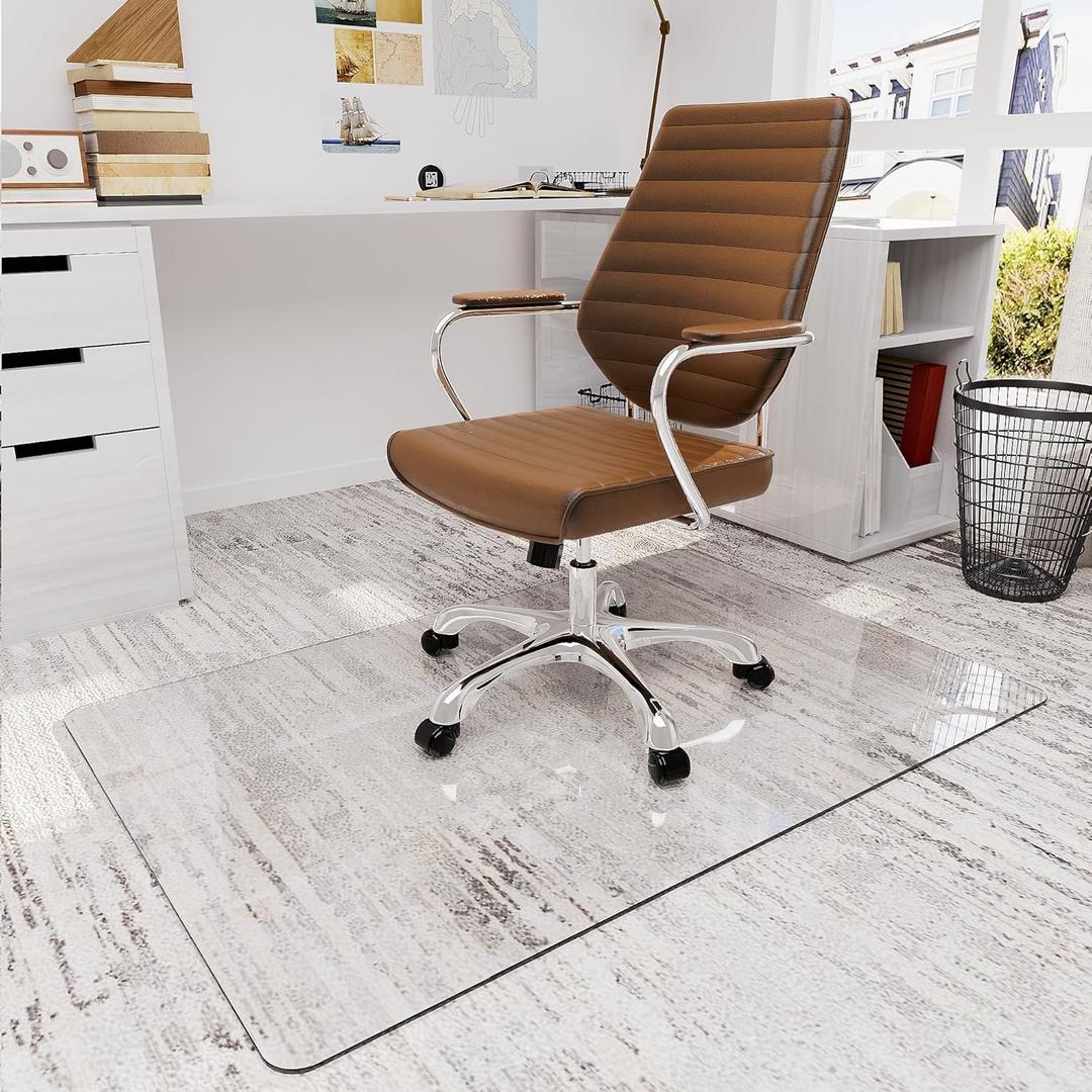 32" x 48" Tempered Glass Office Chair Mat for Carpet & Hardwood Floor, 1/6" Thick Clear Floor Protector Desk Chair Mat with Rounded and Polished Edges (Nature)